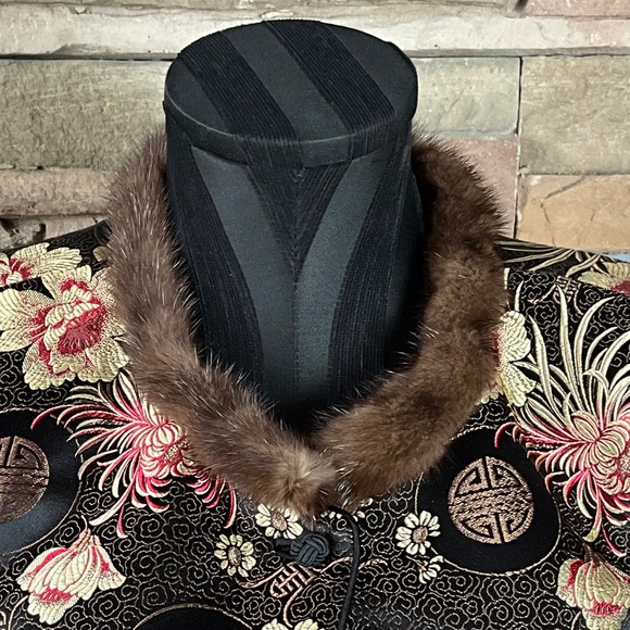 Y2K Brocade Mink Collar Holiday Party Asian Floral Black Brown 12 Doncaster - Picture 4 of 9